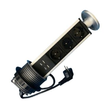 NP Pop-Up Flat Strømsøyle 3xStikk 2xUSB Lader Sølv