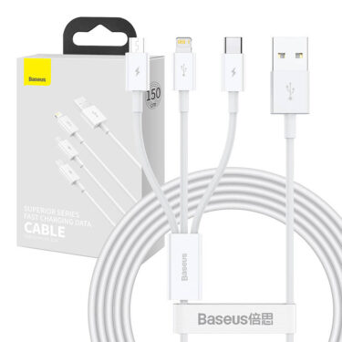 Baseus 3-i-1-ladekabel USB 1.5 m 3.5A Hvit
