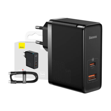 Baseus Vegglader GaN USB-C+USB 100W Sort