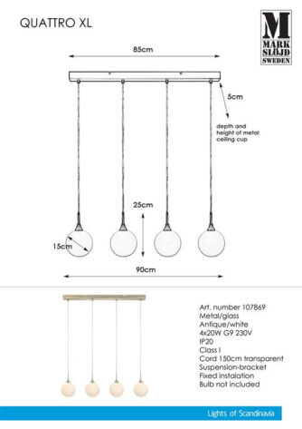 Quattro XL Taklampe 4L Antikk Messing Hvit 3